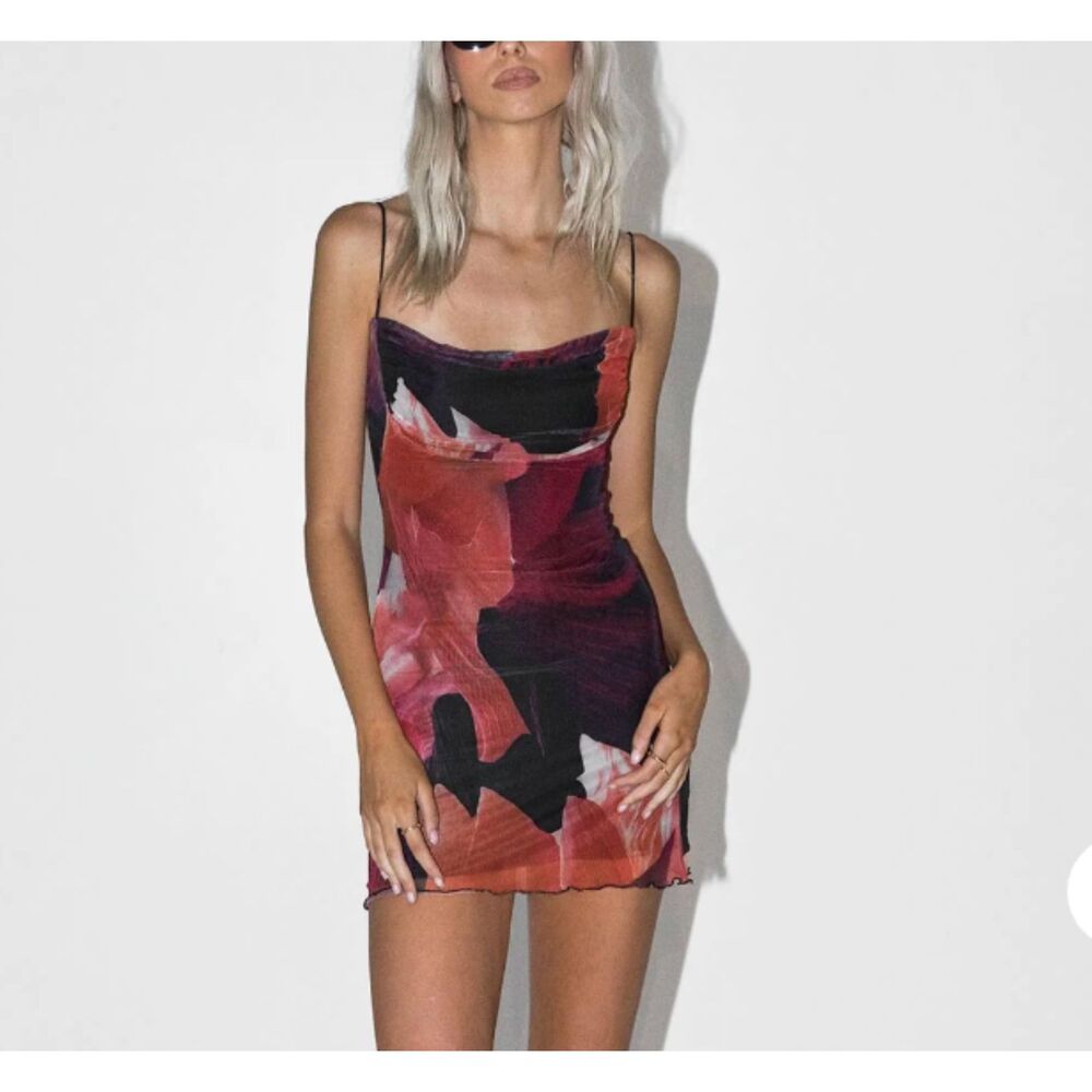 Princess Polly Sugar Mini Dress Red Multi Abstract Print - Size 6
